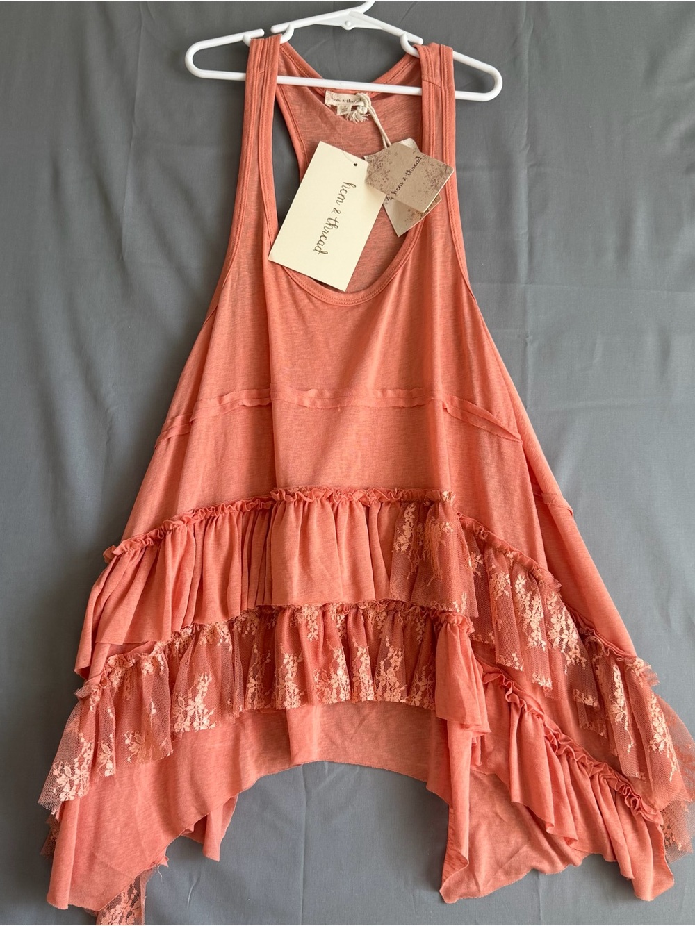 Hem & Thread: Love Stitch Coral Ruffle Lace Racerback Tank (T125)